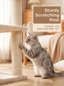 16 Inch Indoor Cat Activity Tree, Modern Cat Condo With Scratching Post, Plush Platforms And Realistic Mouse Toy, Beige - White - View 2