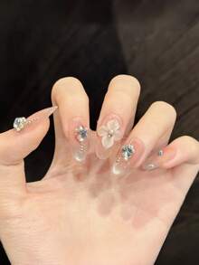 10 Peças Unhas Postiças Acrílicas Quadradas & Ovais Feitas à Mão, Pontas de Unhas Rosa Médio com Glitter Olho de Gato, Decoração com Strass & Corrente de Pérolas, Manicure DIY de Luxo para Festa de Verão, Uso Diário, Encontro, Férias, Presente para Mulheres & Meninas, Suprimentos de Unhas - Rosa chiclete - Visão 4