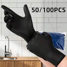 50/100入拋棄式乙烯基手套，適用於居家清潔、多用途清潔手套（無包裝），耐用家用清潔手套，適用於廚房使用 - 黑色-50-XL - 查看 1