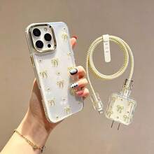 6pcs/Set Casing Ponsel Apple 16 Pro Max dengan Pelindung Charger, Casing Ponsel Lembut dengan Pita 3D, Kompatibel dengan iPhone 17/16/15/14/13/12/11, Casing Pelindung Modis + Pelindung Charger - Emas - View 3