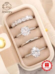 4pcs/Set Cubic Zirconia Women's Rings With Gift Box, Suitable For Wedding, Engagement, Anniversary, Party, Valentine's Day Gift - Silver - View 12