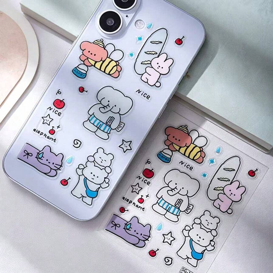 1 buah Stiker Jelly Kartun Lucu Bertema Kembali ke Sekolah, Gambar Gajah, Kelinci Baguette Lucu & Lebah Kecil, Stiker Tahan Air untuk Scrapbooking, Alat Tulis, Jurnal, Perencana, Dekorasi Tablet, Casing Ponsel dan Dekorasi Komputer - A - View 1