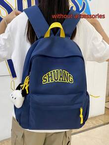 Letter Print Backpack,College Style Navy & Yellow Color Block Daypack,School College Daily Commute Travel - Multicolor - View 1