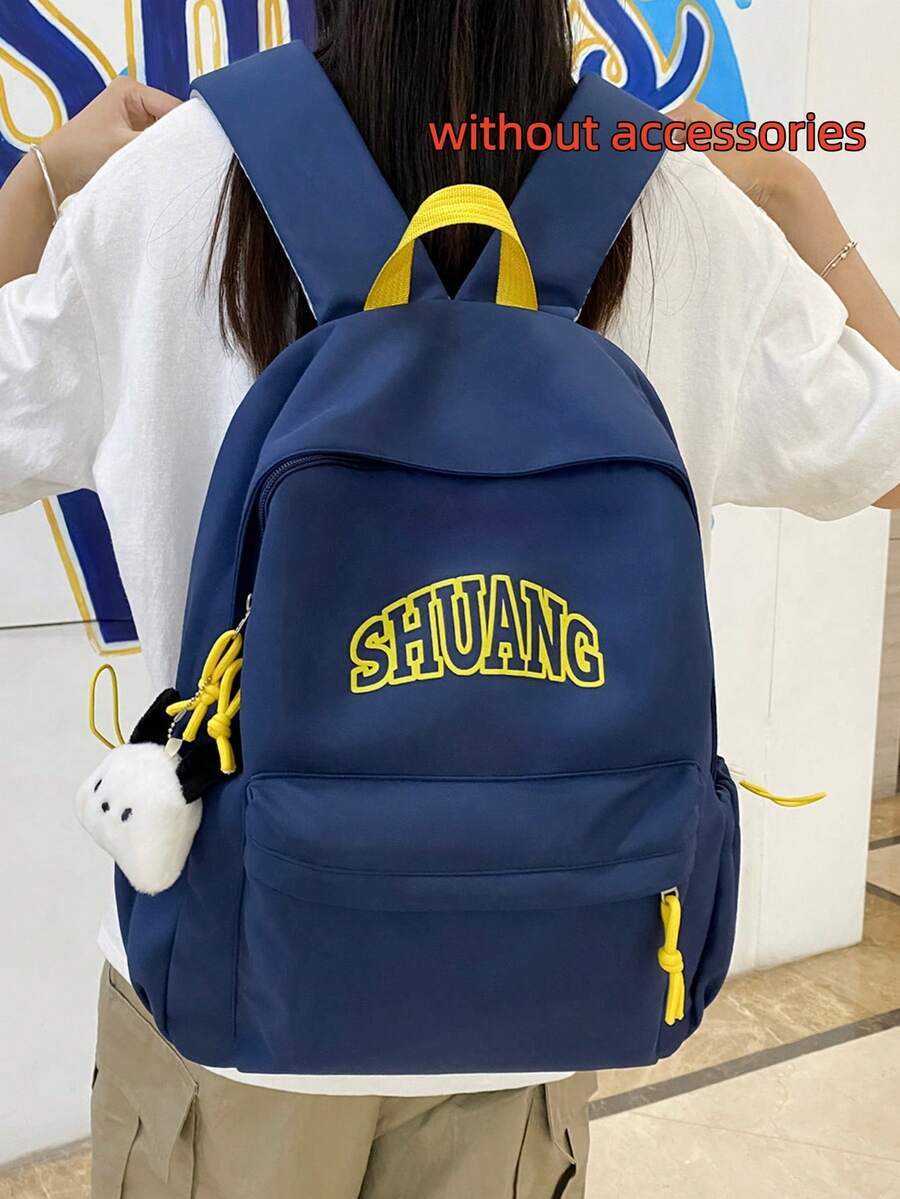Letter Print Backpack,College Style Navy & Yellow Color Block Daypack,School College Daily Commute Travel - Multicolor - View 1