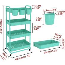 3 Tier Plastic Rolling Storage Cart With Extra Hanging Cups Handles Lockable Wheels For Living Room Bathroom Kitchen Office White - Green - View 2