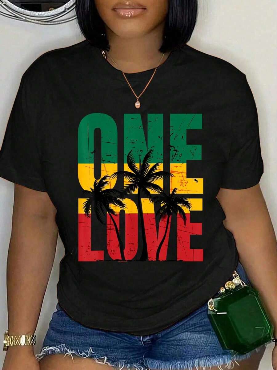 Women's Summer Short Sleeve T-Shirt, Plus Size, Y2K Style, 100% Cotton, Reggae, Good Vibes Only Jamaica One Love Rast A, For Women And Men, Loose Fit, Comfortable And Soft - 黑色 4 - 查看 1