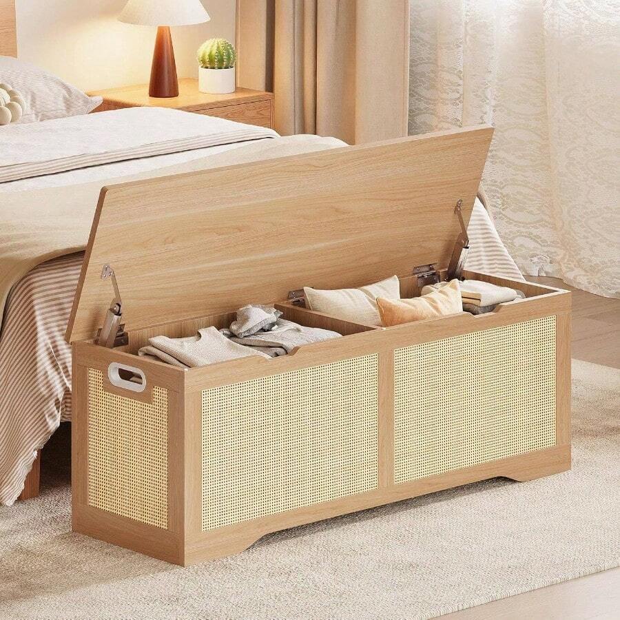 47.2 Inch Rattan Storage Ottoman Chest, End Of Bed, Storage Chest, Large Entryway Trunk Box Bedroom, Living Room, Rustic Wood - Vintage Brown - View 1