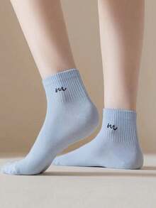 1/4/7/9/14 Pairs (Random Mixed Colors) Women's Minimalist Solid Color Versatile Letter Print Short Socks/Mid-Calf Socks, Suitable For Daily Wear And Outfits - Multicolor - View 5