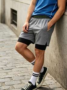 Grey & Black 2-In-1 Quick-Dry Sports Shorts, Outer Layer Ice-Cool Quick-Dry Fabric, Split Hem Enhances Freedom Of Movement. Summer - Grey - View 2