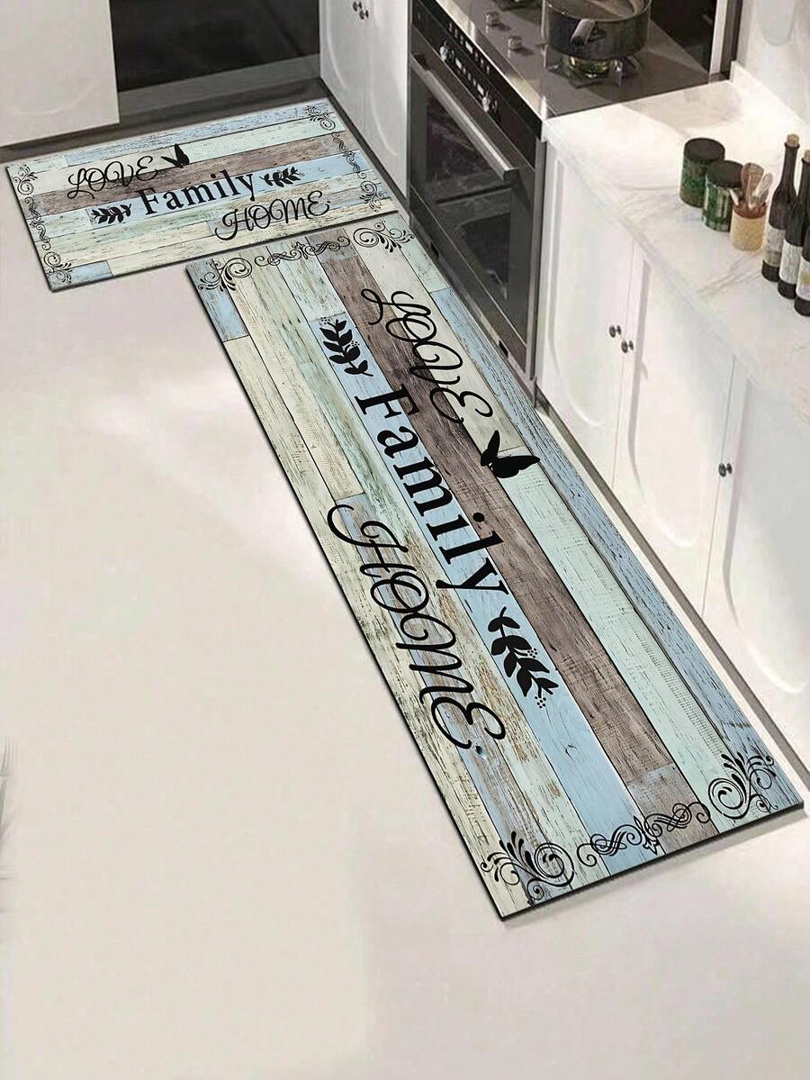 1pc Rubber Kitchen Mat, Rustic Style Decorative Art, Printed With "Love", "Family" And "Home" In Black Font, Textured Wood Plank Design Floor Mat, Suitable For Sink Area, Standing, Kitchen Decor - Multicolor - View 1