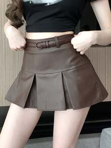 Falda plisada de cuero PU de color sólido para maternidad , falda de cuero casual de moda de otoño - Marrón - Ver 10