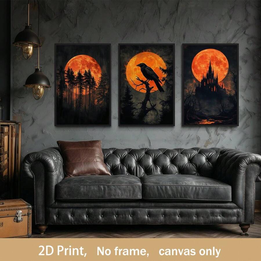 2D Flat,Set Of 3 Unframed Canvas Painting,Halloween Wall Art,Raven On Tree, Haunted Castle, And Forest Silhouettes With Fiery Orange Full Moon, Spooky Gothic Decor, Art For Living Room, Bedroom, Office And Hallway. - A - View 1