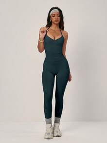 PinkTip Women's One Set Fashion Design Short Backless Elastic Tank Top & Long Pants Sports Set, Solid Color Versatile Camisole Daily Casual Backless Minimalist Butt-Lifting Shaping Tank Top & Long Pants - dark blue - View 4