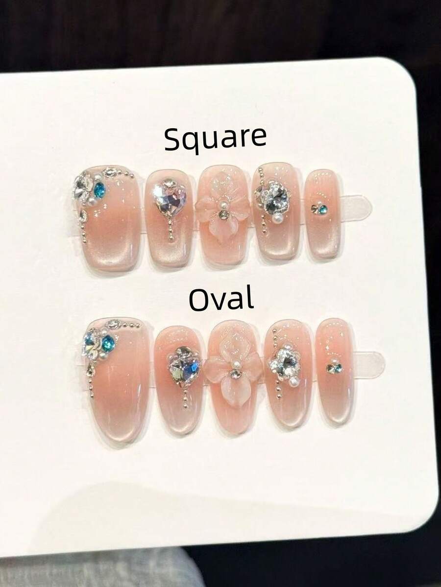 10 Peças Unhas Postiças Acrílicas Quadradas & Ovais Feitas à Mão, Pontas de Unhas Rosa Médio com Glitter Olho de Gato, Decoração com Strass & Corrente de Pérolas, Manicure DIY de Luxo para Festa de Verão, Uso Diário, Encontro, Férias, Presente para Mulheres & Meninas, Suprimentos de Unhas - Rosa chiclete - Visão 1