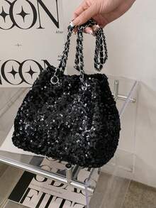 Glossy Chain Decor Tote Bag, Shoulder & Underarm Dual Use, Versatile Party & Date Night Atmosphere Small Bag - Black - View 9