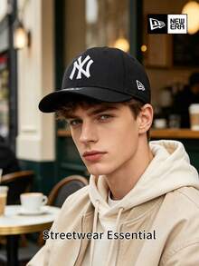 New Era Solid Black/White NY Logo Curved Brim Baseball Cap, Minimalist Daily Sun Hat, Suitable For Work And Night Out - Black - View 2