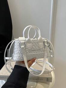 Bolso de mano mini de mujer con cordón de PU de unicolor, bolso bandolera pequeño con forma de concha de color metálico de moda - Blanco - Ver 9