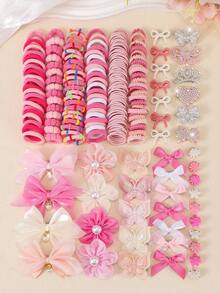 875PCS Spring Pink Cute Girl Hair Accessories Set, Double Layer Butterfly Hair Clips, Pendant Mesh Bow Hair Clips, Pearl Flower Hair Clips, Ribbon Bow Side Clips, Hollow Rhinestone Bangs Clips, Star Snap Clips, Mini Claw Clips, High Elasticity Bamboo Joint Ruffle Edge Solid Color Towel Ring & TPU Hair Ties, Daily & Party Headwear - Multicolor - View 4