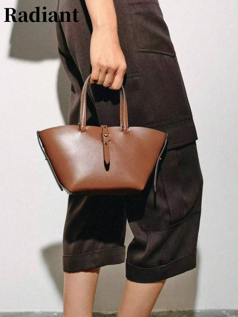 Bolso de mano tipo cesta mini, bolso de hombro/bandolera versátil, elegante y sencillo, adecuado para ir al trabajo, ir de compras, citas y salidas casuales - Marrón - Ver 1