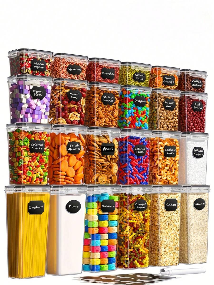 24/16/8/4pcs Airtight Food Storage Containers (With Lids) Transparent Plastic Kitchen Storage Boxes, Stackable Dry Food Storage Jars With Labels And Markers, Leak-Proof Grain And Cereal Storage Containers, Reusable Kitchen Essentials