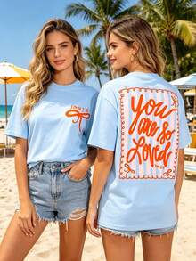 Coquette Bow Bible Verse Graphic Tee John 3:16 Christian Aesthetic Shirt Cute Women Preppy Striped Graphic Top Summer Outfits For Women - 淺藍色 - 查看 3