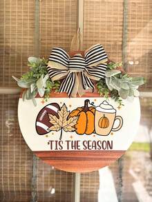 3D Rustic Wooden Autumn Football Season & Halloween Door Hanging Round Wreath Sign, Autumn Decor, Perfect For Porch Decoration, Home Indoor Seasonal Decor, Holiday Decor Wreath, Perfect Autumn Home Decor - Multicolor - View 12