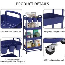 3 Tier Plastic Rolling Storage Cart With Extra Hanging Cups Handles Lockable Wheels For Living Room Bathroom Kitchen Office White - Blue - View 7