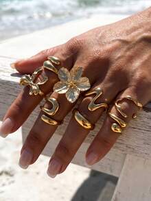 8pcs Set Exaggerated Gold Geometric Asymmetrical Water Drop Flower Lava Abstract Sculptural Ring Set, Bold Statement Jewelry For Women, Suitable For Daily Wear, Party, Vacation, Travel, Holiday, Date, Gift For Friends And Family - Gold - View 2