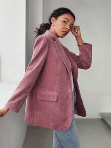 Women's Light Pink Corduroy Blazer, Long Sleeve Work Jacket, Autumn Fashion Regular Fit, With Faux Pockets - Pink - View 2