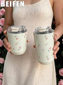 1pc 380ml Watercolor Heart Rose Pattern Double-Wall Stainless Steel Insulated Hot & Cold Cup, , Water Bottle, Tumbler, Coffee Cup, Portable Cup, Suitable For Gym, Office, Home, Outdoor, Travel, Holiday Gift, Graduation Season, Back To School Season, Mother's Day And Other Occasions - Multicolor - View 2