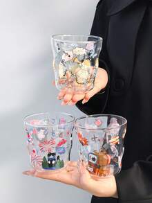 1個春季小/大號玻璃杯，韓系可愛Ins風高溫烘花手持玻璃杯，貓/狗/多色圖案，適合夏季冷萃、抹茶椰奶 - 彩色 - 查看 4