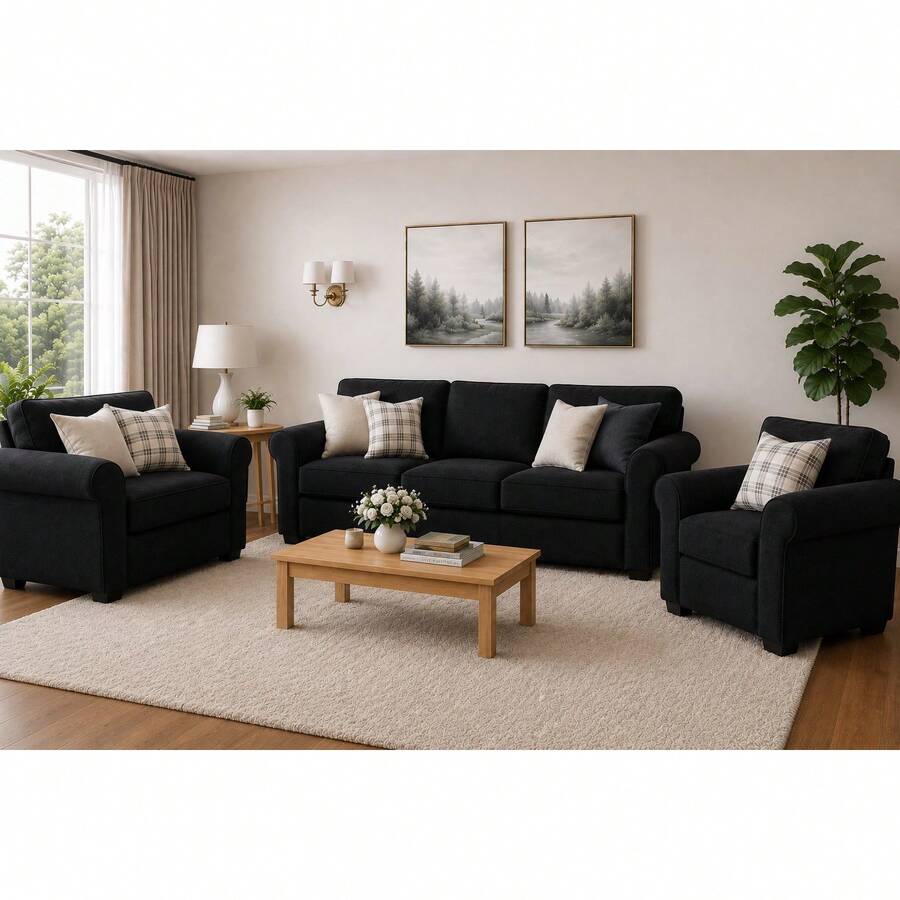 3-Piece Stretch Elastic Sofa Cover Set, Complete Living Room Set - Black - View 1