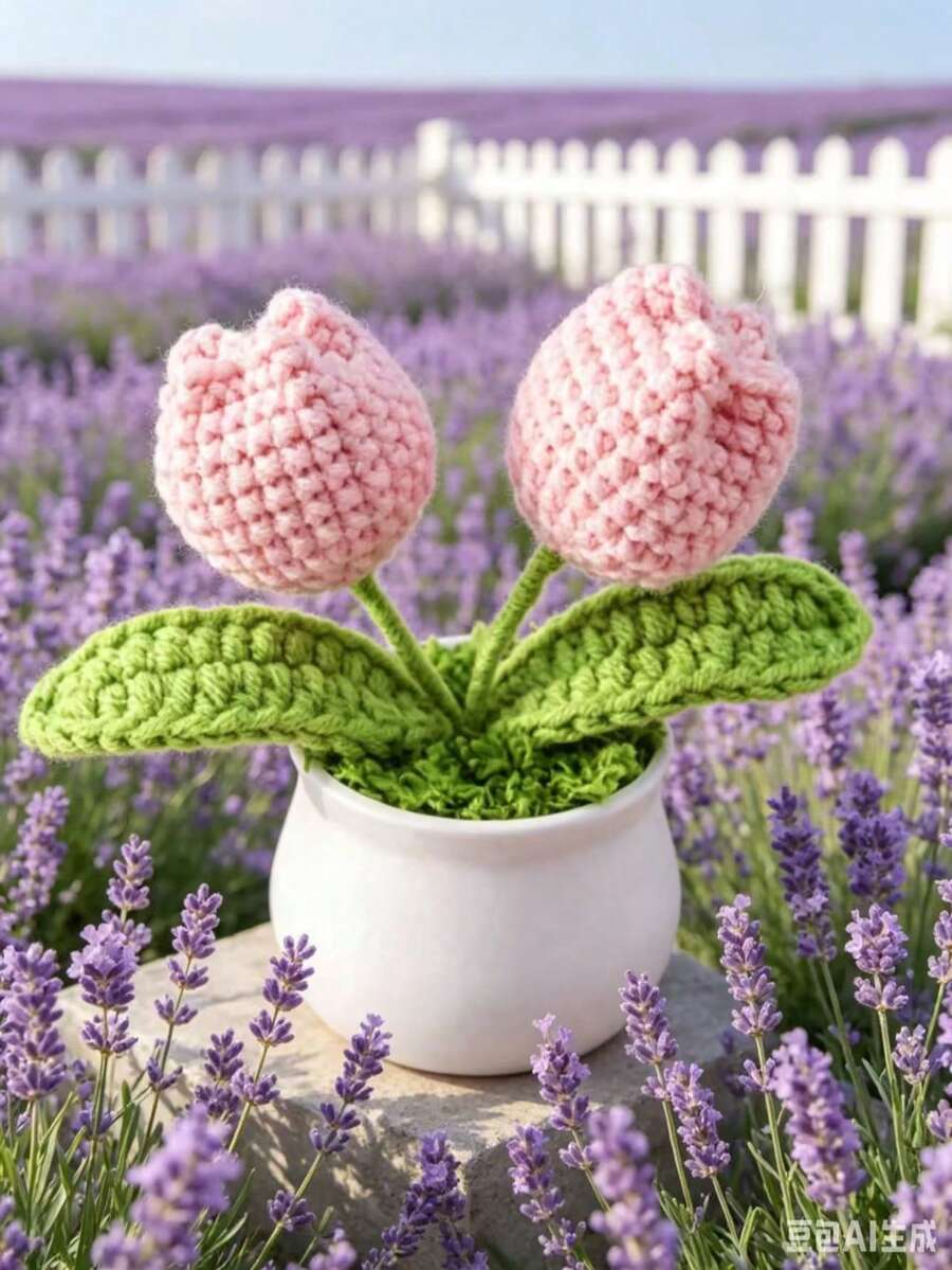 1pc Mini Handmade Crochet Tulip Tabletop Flower Pot, DIY Miniature Potted Plant, Perfect As Gift, Home, Office, Desk, Wedding, Birthday, Holiday, New Year Gift, Suitable For Men Or Women Home Decor, Back To School Room Decor And School Supplies - Pink - View 1