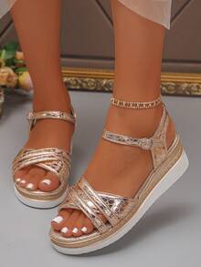 Women's Wedge Platform Sandals With Buckle Strap, Fashionable Versatile Height-Increasing Sandals For Summer Beach - Champagne - View 4