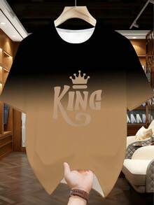 2pcs Plus Size Men's American Streetwear Set, Black-Brown Gradient Base "KING" Crown Print Short Sleeve T-Shirt + Matching Solid Color Drawstring Casual Shorts, Loose Breathable Summer Streetwear Sports Versatile 2-Piece Set - Brown - View 3