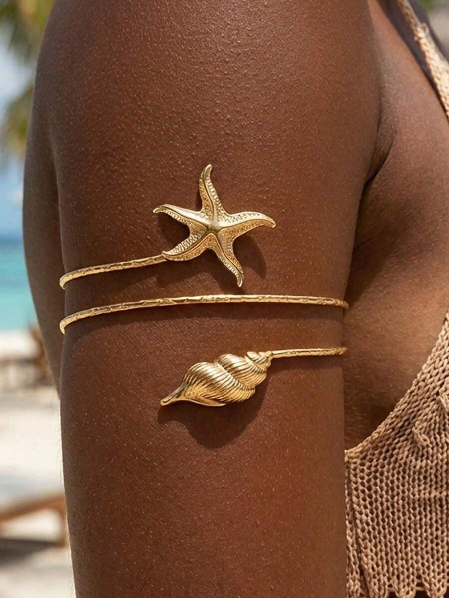 1 chiếc vòng đeo tay dạng cuff màu vàng hình sao biển và vỏ sò cho kỳ nghỉ hè, trang sức cơ thể thời trang mùa hè cho nữ, phụ kiện dây xích cơ thể phù hợp cho nữ mặc đi tiệc đường phố và đi biển (hình sao biển ngẫu nhiên) - Vàng - Xem 1
