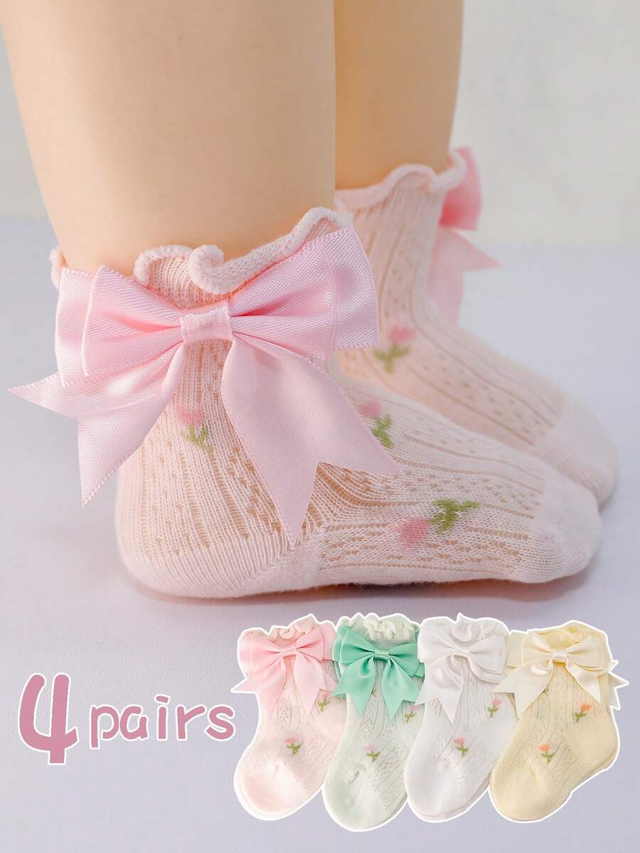4 Pairs Girls' Multi-Color Soft Breathable Fashion Princess Style Pretty Cute Baby Socks Children's Short Socks Summer Casual Vacation Daily Use - Multicolor - View 1