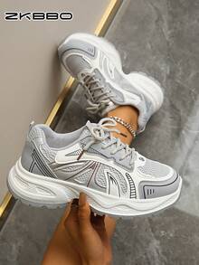 ZKBBO Zapatillas deportivas casuales para mujer con malla transpirable, cómodas, suela gruesa y chunky, para todas las estaciones - Plateado - Ver 3