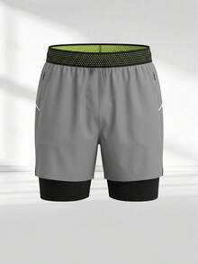 Grey & Black 2-In-1 Quick-Dry Sports Shorts, Outer Layer Ice-Cool Quick-Dry Fabric, Split Hem Enhances Freedom Of Movement. Summer - Grey - View 7