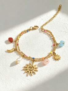 Kryxie 1pc 18K Gold Plated Stainless Steel Multi-Layer Colorful Necklace, Sun, Starfish, Heart Design Pendant, Titanium Steel Necklace - Multicolor - View 11