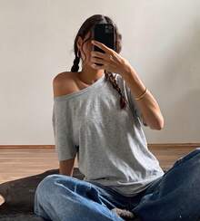 1pc Asymmetrical Shoulder Light Grey Short Sleeve T-Shirt, Casual Loose Comfortable Summer Wear - Light Grey - View 1
