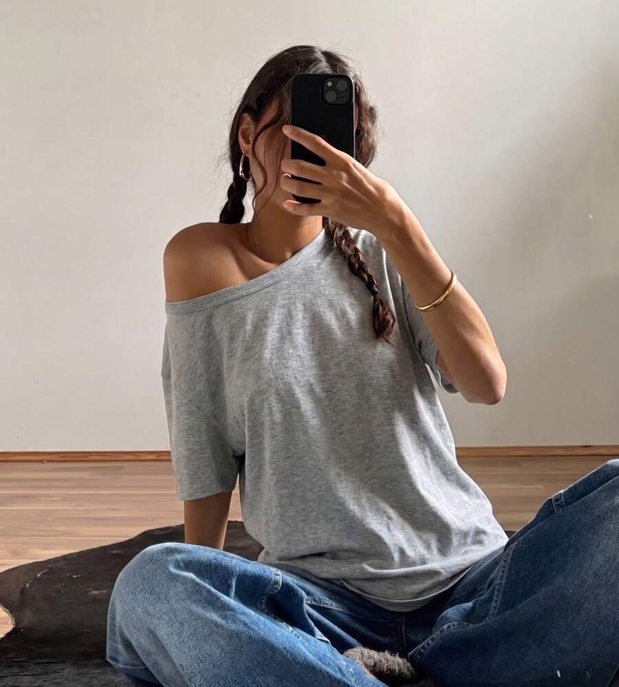 1pc Asymmetrical Shoulder Light Grey Short Sleeve T-Shirt, Casual Loose Comfortable Summer Wear - Light Grey - View 1