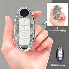 1pc Ditsy Floral Pattern UV Printed Full Wrap Car Key Fob Case For Nissan 4 Button Oval Smart Remote Key Shockproof Anti Scratch Protective Cover - Electroplated Key Cover (silver) - View 11