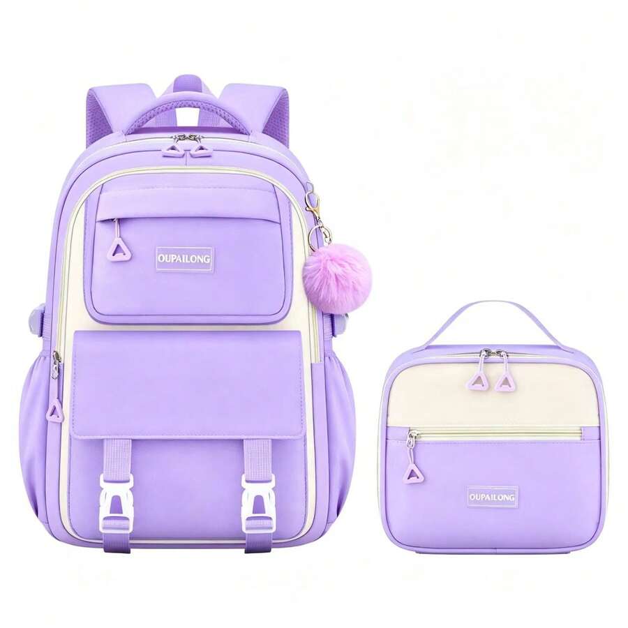 2pcs Colorblock Design Large Capacity Backpack Set With Pom Pom Pendant, Matching Handbag, Essential For Middle And High School Campus Travel - Sets - View 1