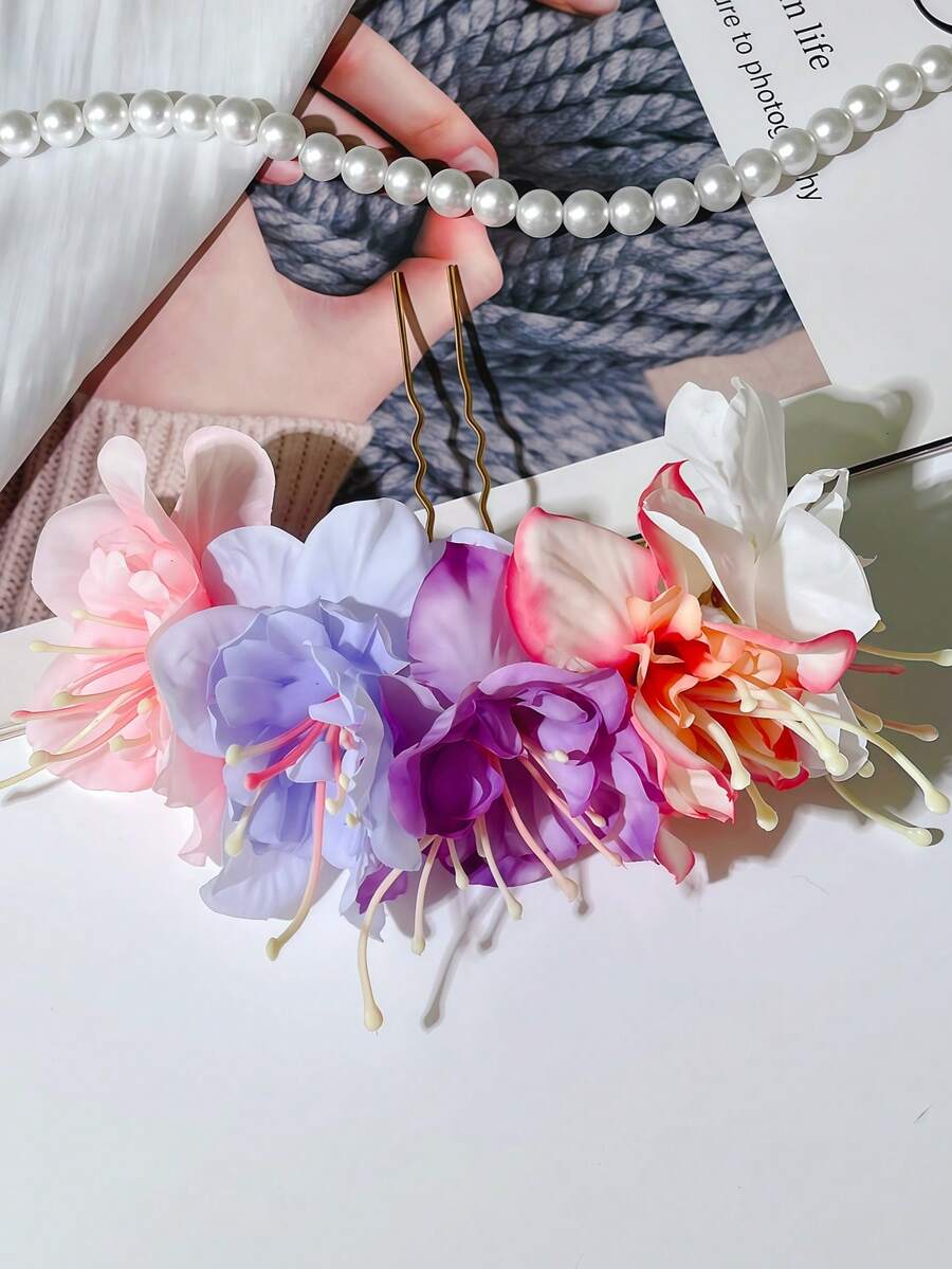 Women's Fashion Sweet Elegant Colorful Hydrangea Artificial Flower U-Shaped Hair Clip Hair Accessory Headpiece Suitable For Daily Wear, Home, School, Beach, Vacation, Work, Commute, Party, Holiday, Birthday Gift, Back To School Season, Preppy Style, New Year, Valentine's Day, Mother's Day Gift, Wedding Season, Bride, Music Festival, Spring, Summer, Autumn, Winter,Clips For Hair - Multicolor - View 1