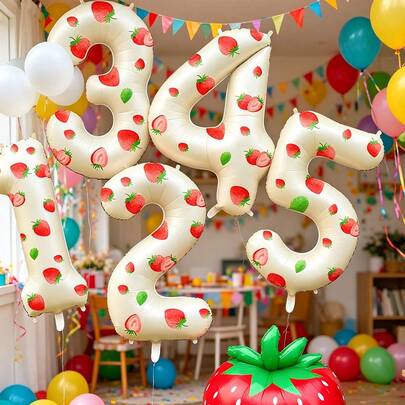 Juego de globos de número con pegatina de fresa, globos de número de lámina blanca cremosa de 40 pulgadas, pegatina de fresa DIY, adecuado para fiestas de cumpleaños, aniversarios, fiestas con temática de fresa, decoraciones interiores, decoraciones de baby shower, decoraciones de fiesta de despedida de soltera, accesorios para fotos.