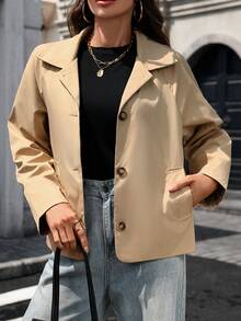 1pc Women's Solid Color Woven Fabric Button Pocket Short Lapel Jacket, College Style Casual Office Spring/Autumn Travel Jacket - Khaki - View 6