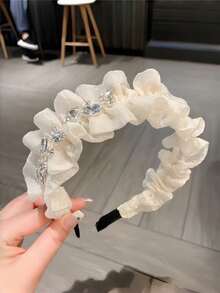 3件組奢華百褶歐根紗水鑽寬版髮箍，女款高冠顯臉小荷葉邊髮箍，日常婚禮派對髮飾 - 彩色 - 查看 4
