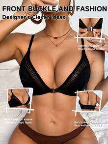 1 buah Bra Segitiga Berbahan Jala dengan Penutup Depan, Push-Up Tanpa Kawat, Pakaian Dalam Serbaguna untuk Sehari-hari - Hitam - View 4