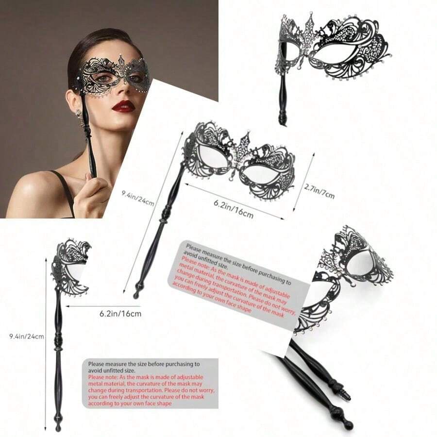 Thmyo Venetian Halloween Mardi Gras Party Mask With Holding Stick, Carnival Handheld Metal Feather Rhinestone Masquerade Mask - Maks-2-black - View 1